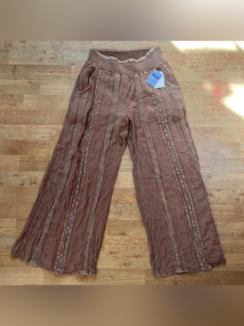 Boho flowy brown wide leg pants with textured/crochet like trim